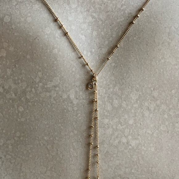 Gold Tone Small Gold Beads Black Fringed Feathered With Gold Bar Lariat Necklace - Picture 5 of 13